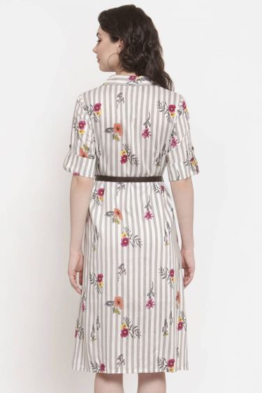 Gray White Floral Print Rayon Belt Dress
