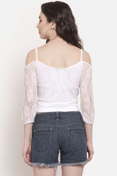 White Lace Front Loop Button Crop Top