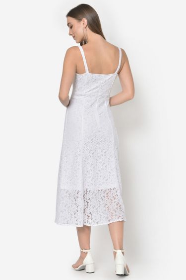 White Lace Front Cutout Midi Dress