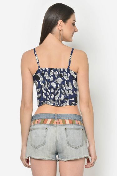 Blue Printed Front Knot Crop Top