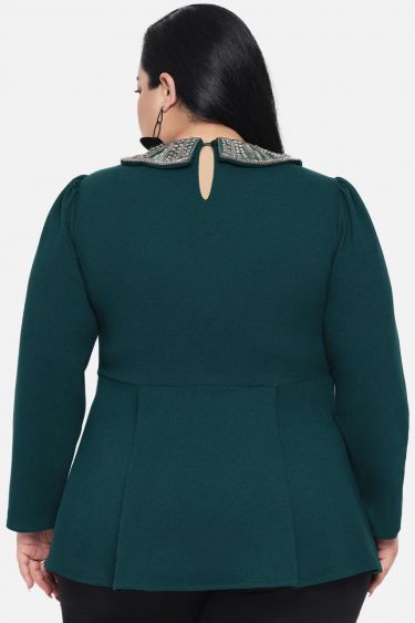 Turquoise Green Plus Size Embellished Collar Top