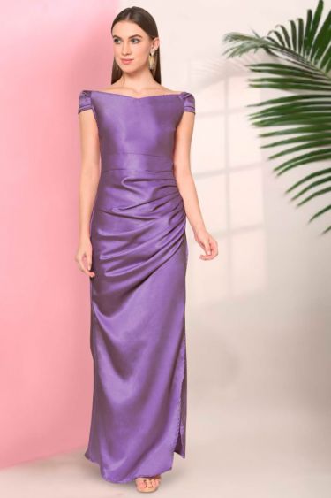 Purple Satin Off Shoulder Draped Gown 
