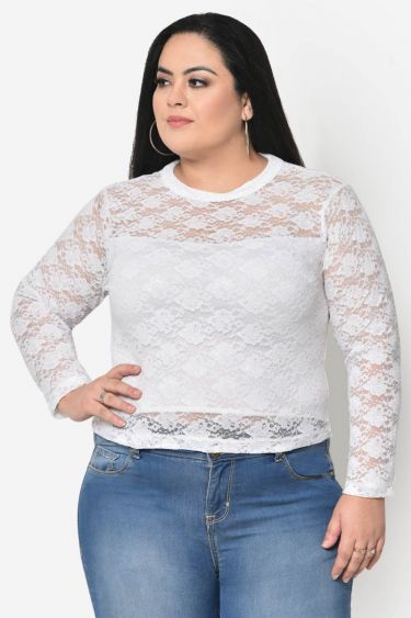 White Lace Collared Plus Size Crop Top