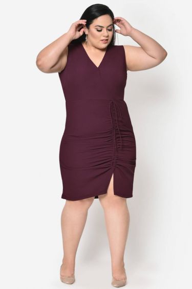 Wine Textured Ruched Front Slit Plus Size Dress