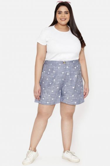Light Blue Chambray Floral Plus Size Shorts