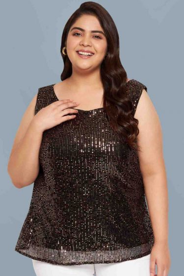 Dull Gold Plus Size Sequin A-line Top