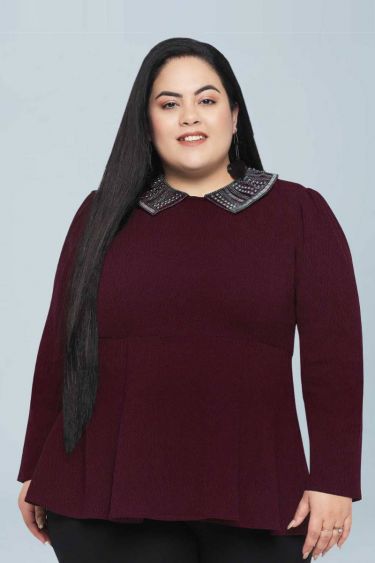 Wine Plus Size Embellished Collar Top