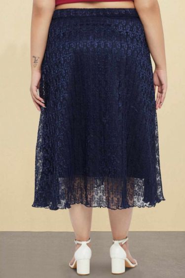 Navy Blue Plus Size Pleated Lace Wrap Skirt 