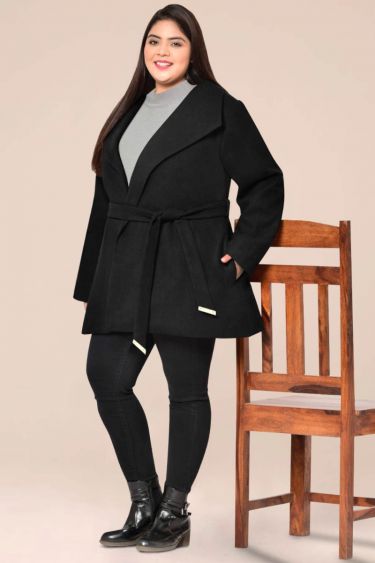 Black Plus Size Wide Collar Pure Wool Coat