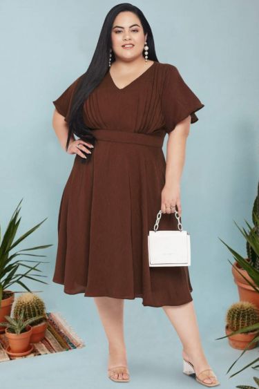 Brown Plus Size Satin Textured Butterfly Sleeve Dress