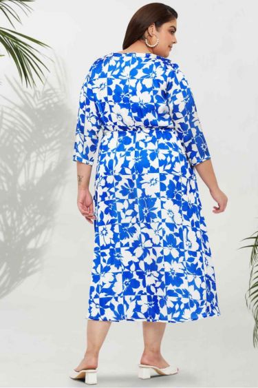 Blue White Plus Size Floral Wrap Midi Dress